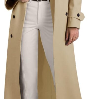 Women's Long Trench Coat Double Breasted Lapel Oversized Windproof Overcoat with Belt