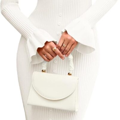 Womens Bell Long Sleeve Sweater Dress Casual Ribbed Knit Ruffle Crewneck Decor Button Bodycon Midi Dresses