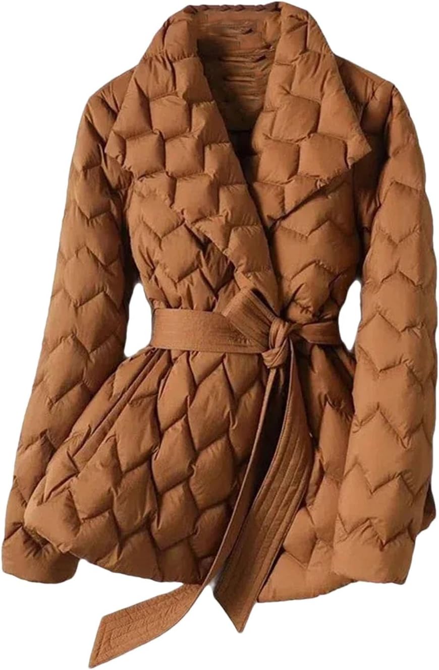 Women Elegant Tie Belt Long Cotton White Duck Down Parka Lightweight Down Jacket With Belt