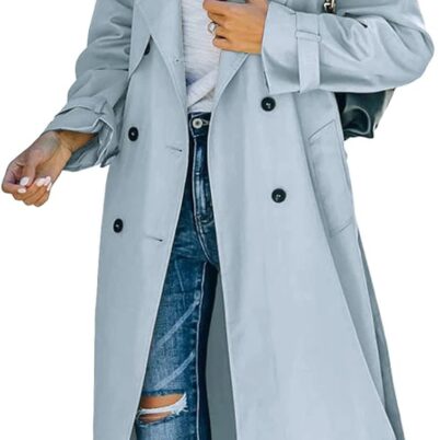 Women's Double Breasted Long Trench Coat Windproof Classic Lapel Slim Overcoat with Belt