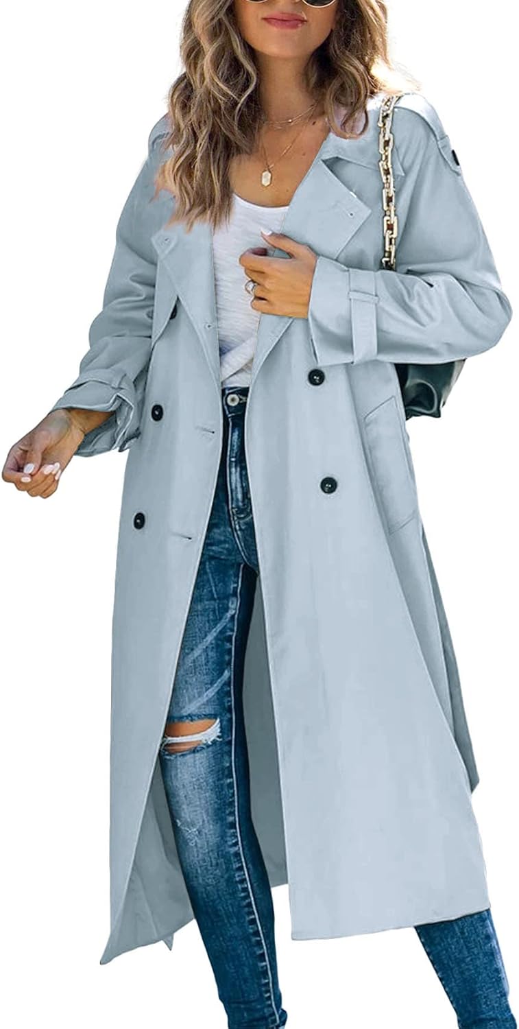 Women's Double Breasted Long Trench Coat Windproof Classic Lapel Slim Overcoat with Belt