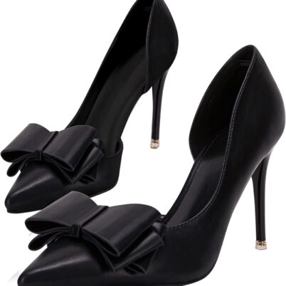 Women Bow Heels Closed Pointed Toe Dress Shoes Stiletto Slip on Wedding Pumps