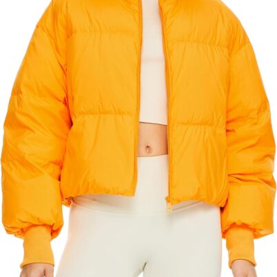 Women Winter Oversized Cropped Puffer Jacket Zip Up Short Down Coat Stand Collar Baggy Overcoat