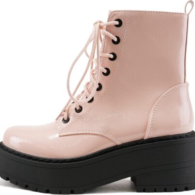 Women Chunky Lug Sole Lace up Fashion Combat Ankle Boot w/Side Zipper