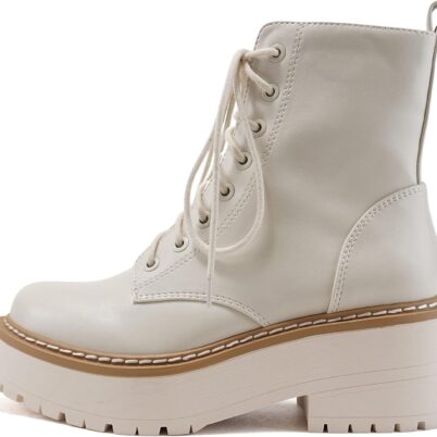 Women Chunky Lug Sole Lace up Fashion Combat Ankle Boot w/Side Zipper