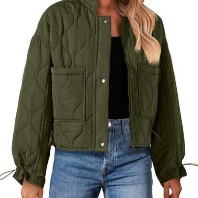 Women Cropped Zip-Up Bomber Jackets Warm Quilted Long Sleeve Stand Neck Winter Coats
