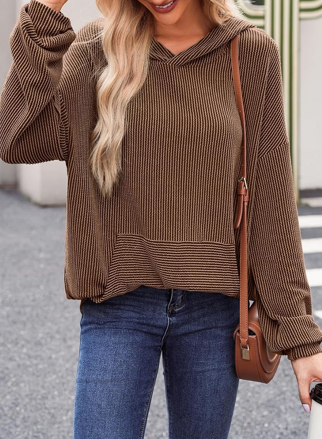 Hoodies for Women Casual Oversized Hoodie Long Sleeve Sweatshirt Solid Pullover Ribbed Knit Tops