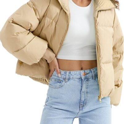 Women Winter Oversized Cropped Puffer Jacket Zip Up Short Down Coat Stand Collar Baggy Overcoat